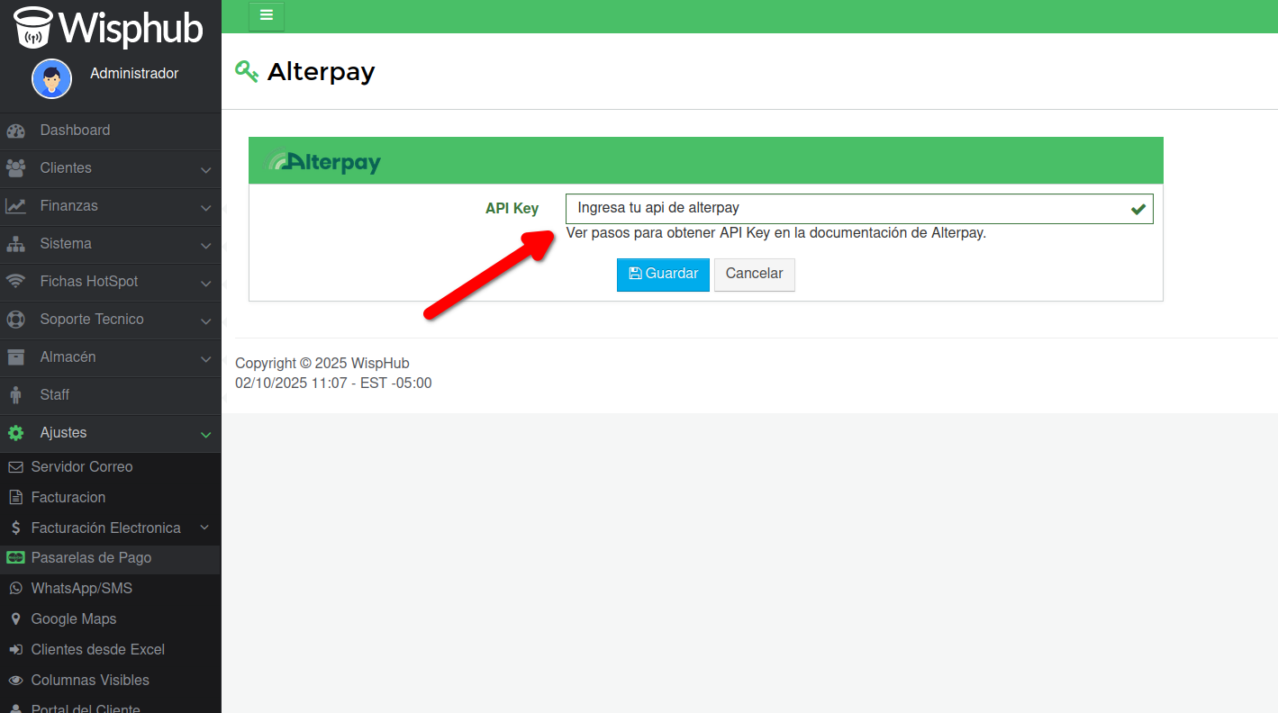 Formulario para API Key de Alterpay