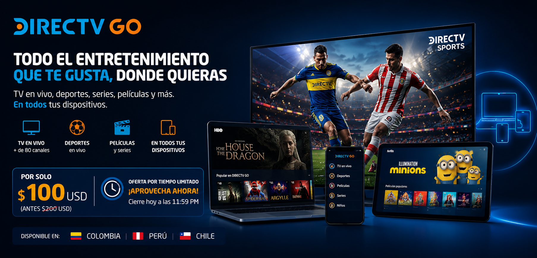 DIRECTV GO en televisión, computadora, tableta y celular