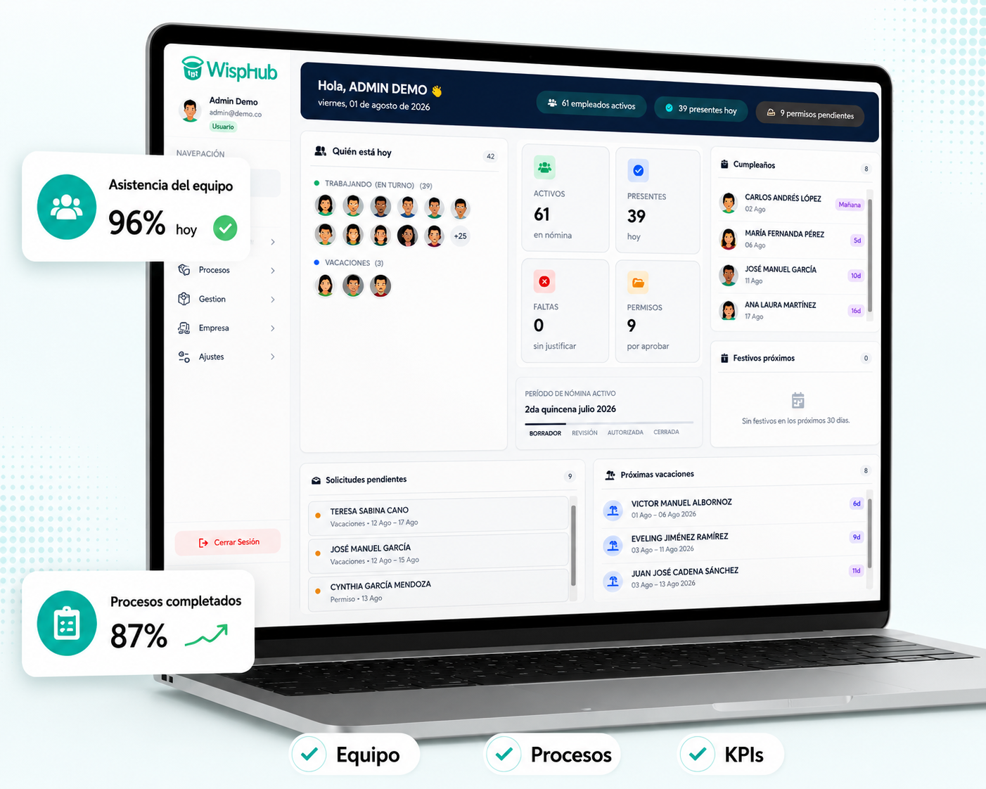 Dashboard de Gestión360 para ISP mostrado en una laptop con indicadores de asistencia y procesos