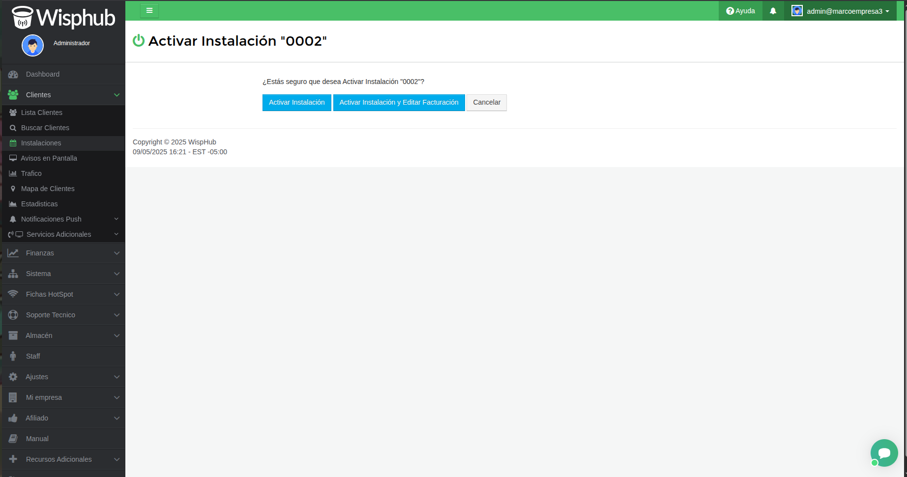 Botón de Editar Facturación en Activar Instalación