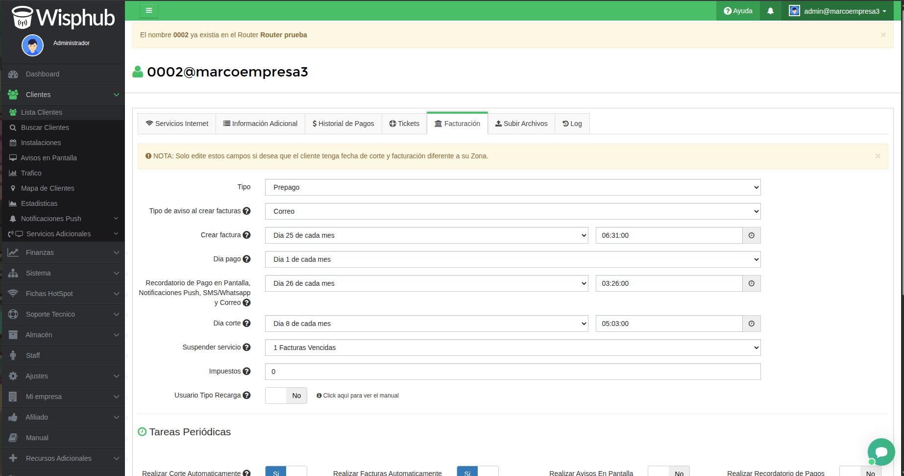 Redirigiendo a Facturación en Editar Cliente