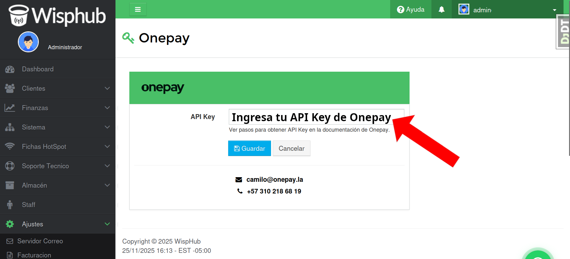 Formulario para API Key de Onepay