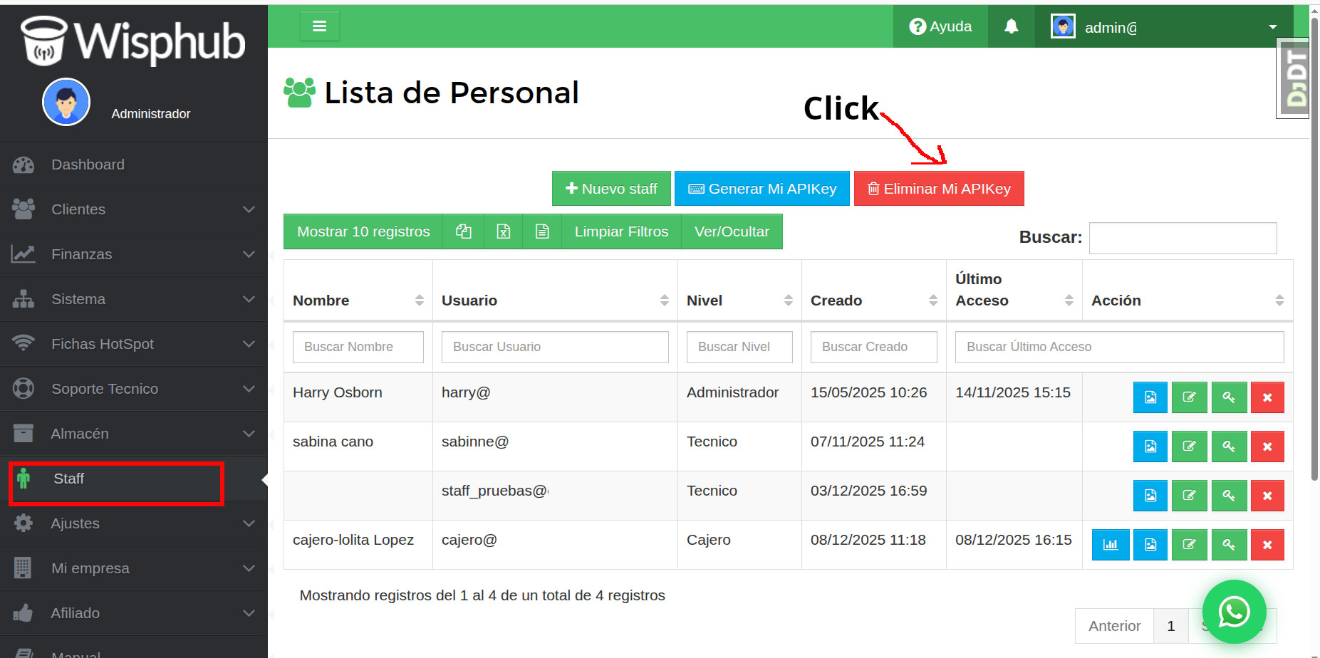 Eliminar ApiKey Wisphub