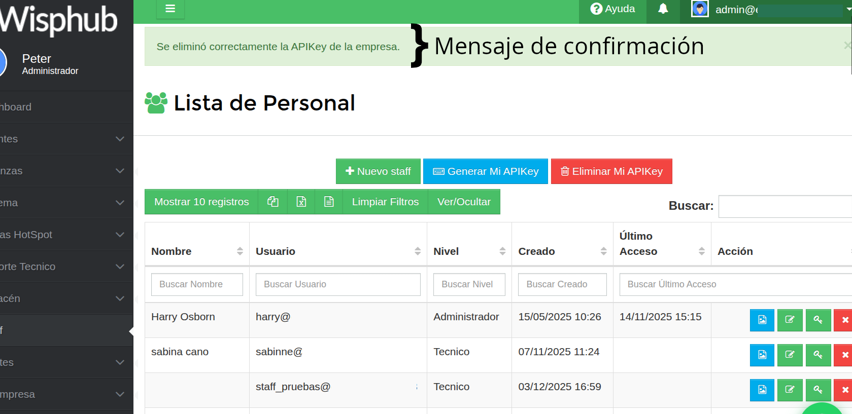 Mensaje final Eliminar ApiKey