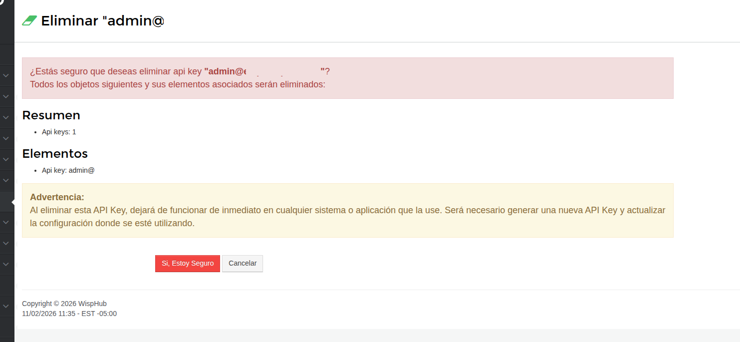 Detalles de advertencia Eliminar ApiKey 
