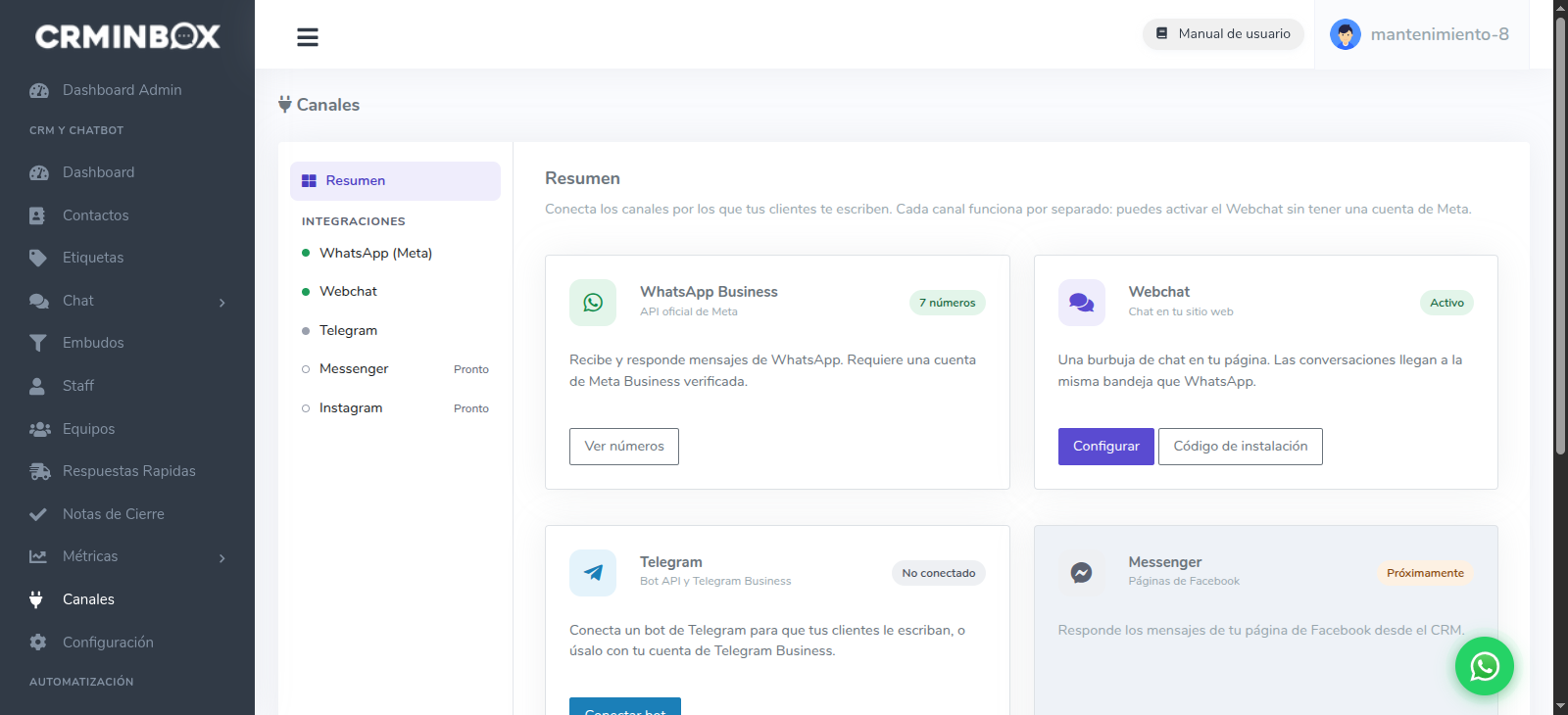 Apartado Canales de CRMInbox con la tarjeta Webchat y el botón Configurar
