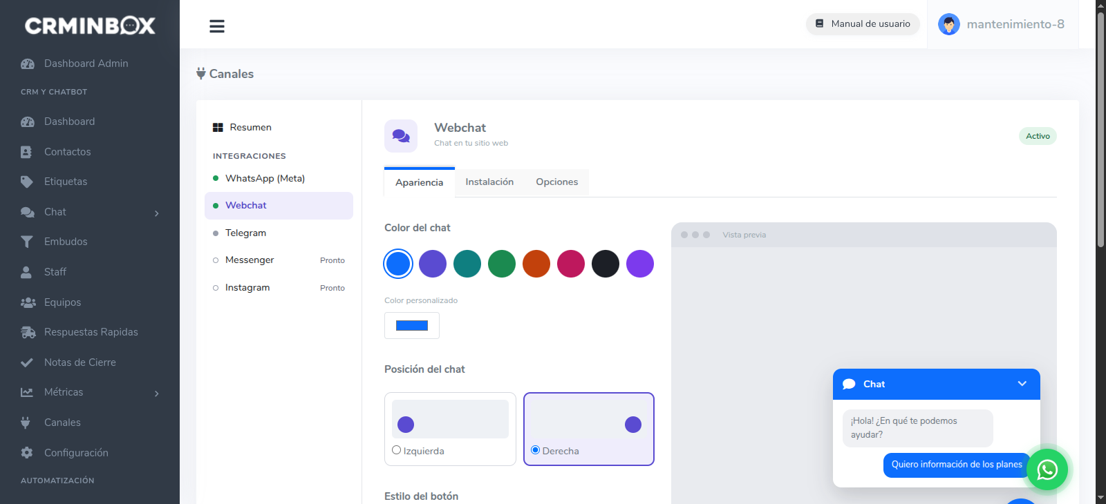 Pestaña Apariencia del Webchat en CRMInbox con color, posición, estilo del botón y textos