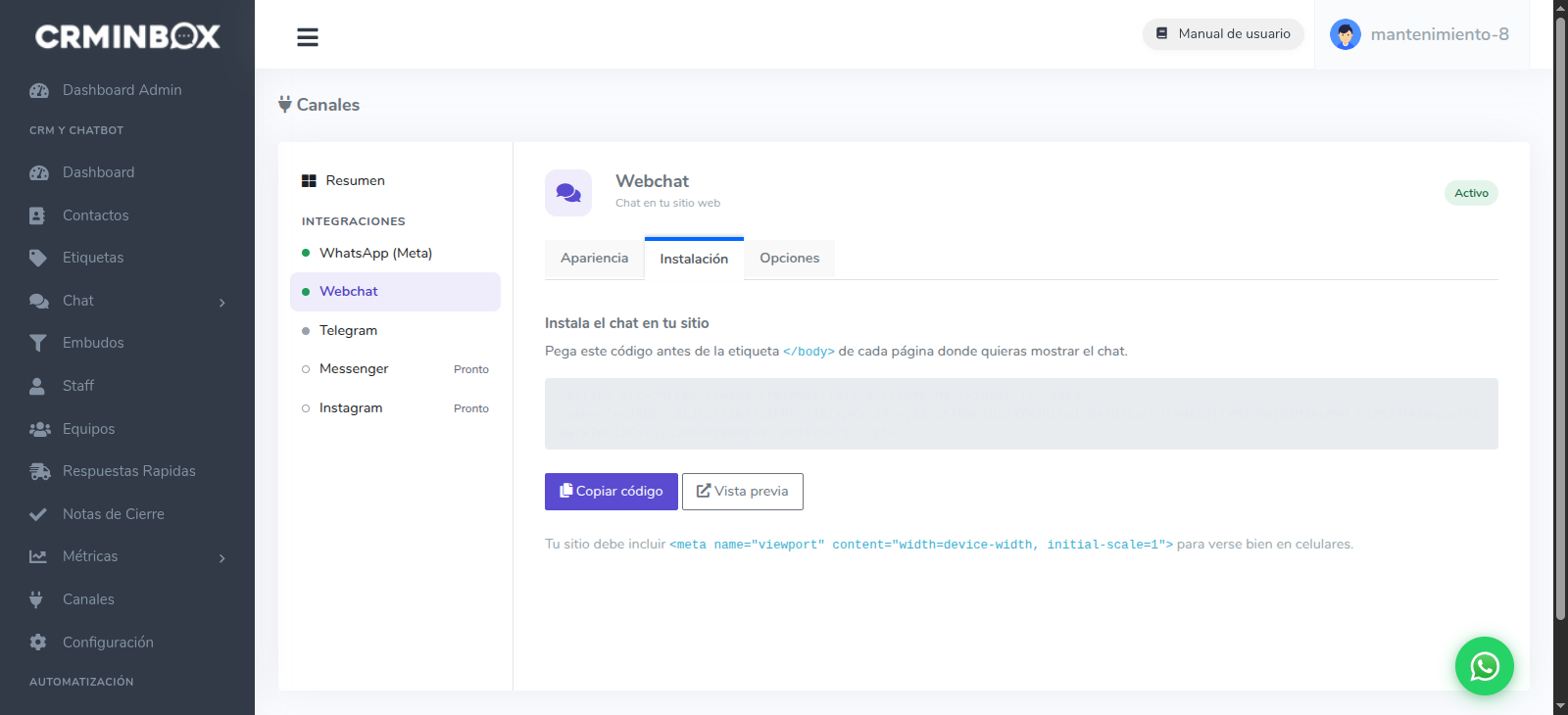 Pestaña Instalación del Webchat en CRMInbox con el botón Copiar código