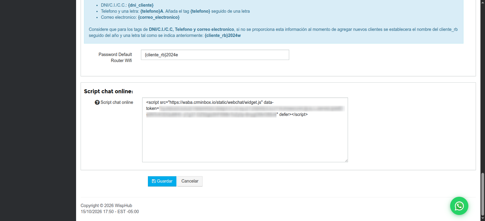 Campo Script chat online en Ajustes, Portal del cliente de WispHub, con el código pegado y el botón Guardar