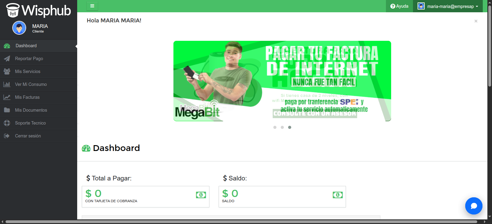 Portal del cliente de WispHub con el botón del Webchat de CRMInbox en la esquina