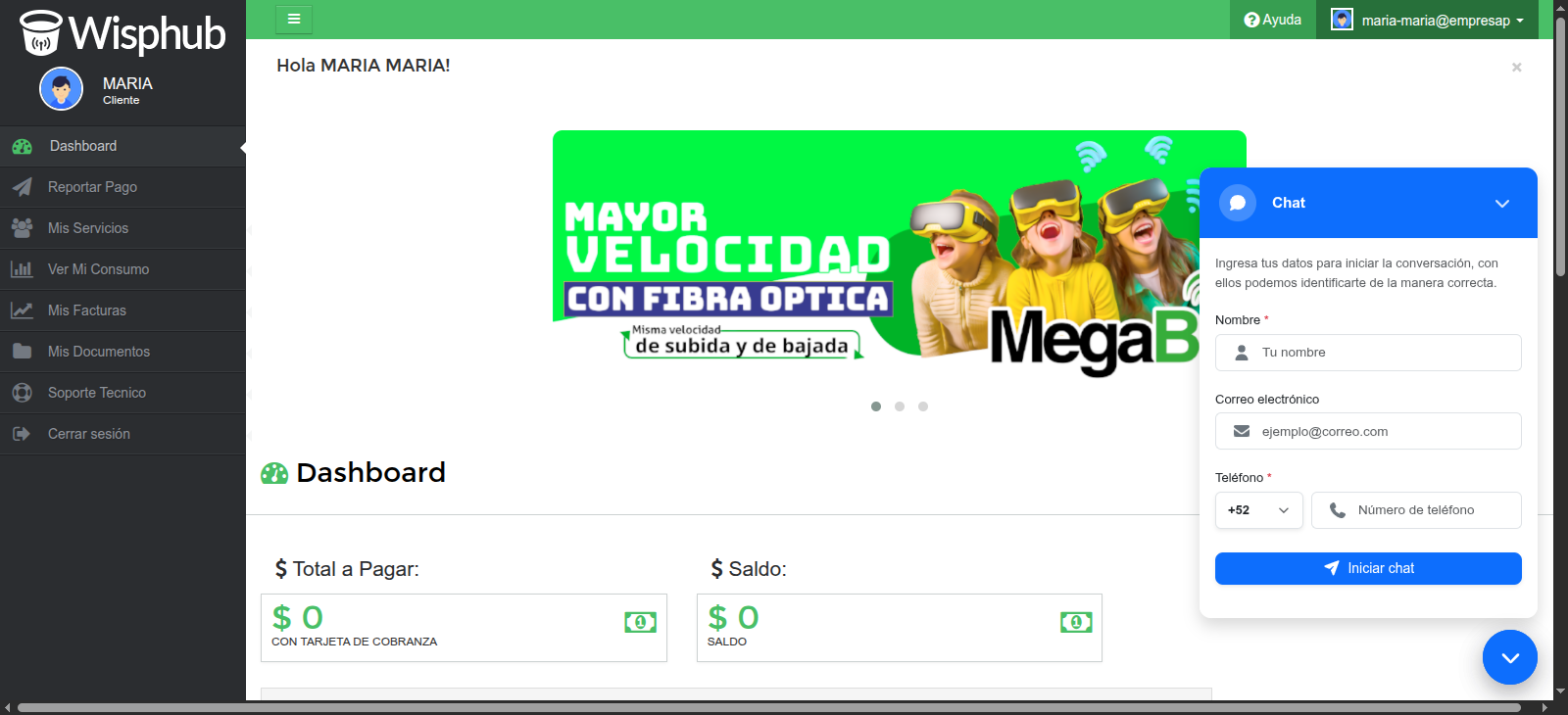 Webchat abierto en el portal del cliente con el formulario de identidad